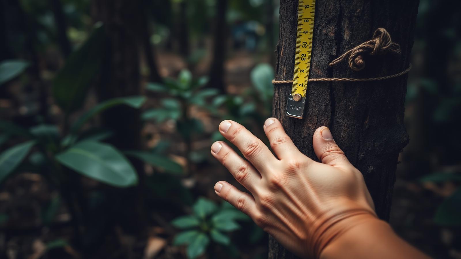 Mão medindo o tronco de uma árvore na floresta com fita métrica. Diagnóstico físico antes de qualquer inventário.