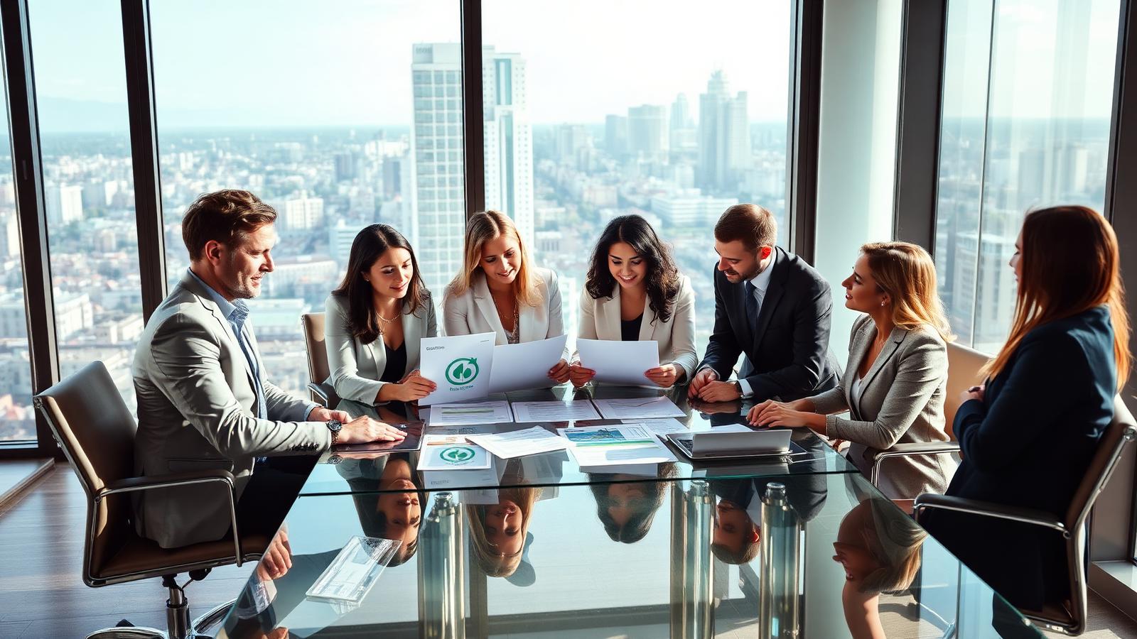 Time de profissionais em sala de reunião com vista panorâmica revisando relatórios ESG sobre mesa de vidro.