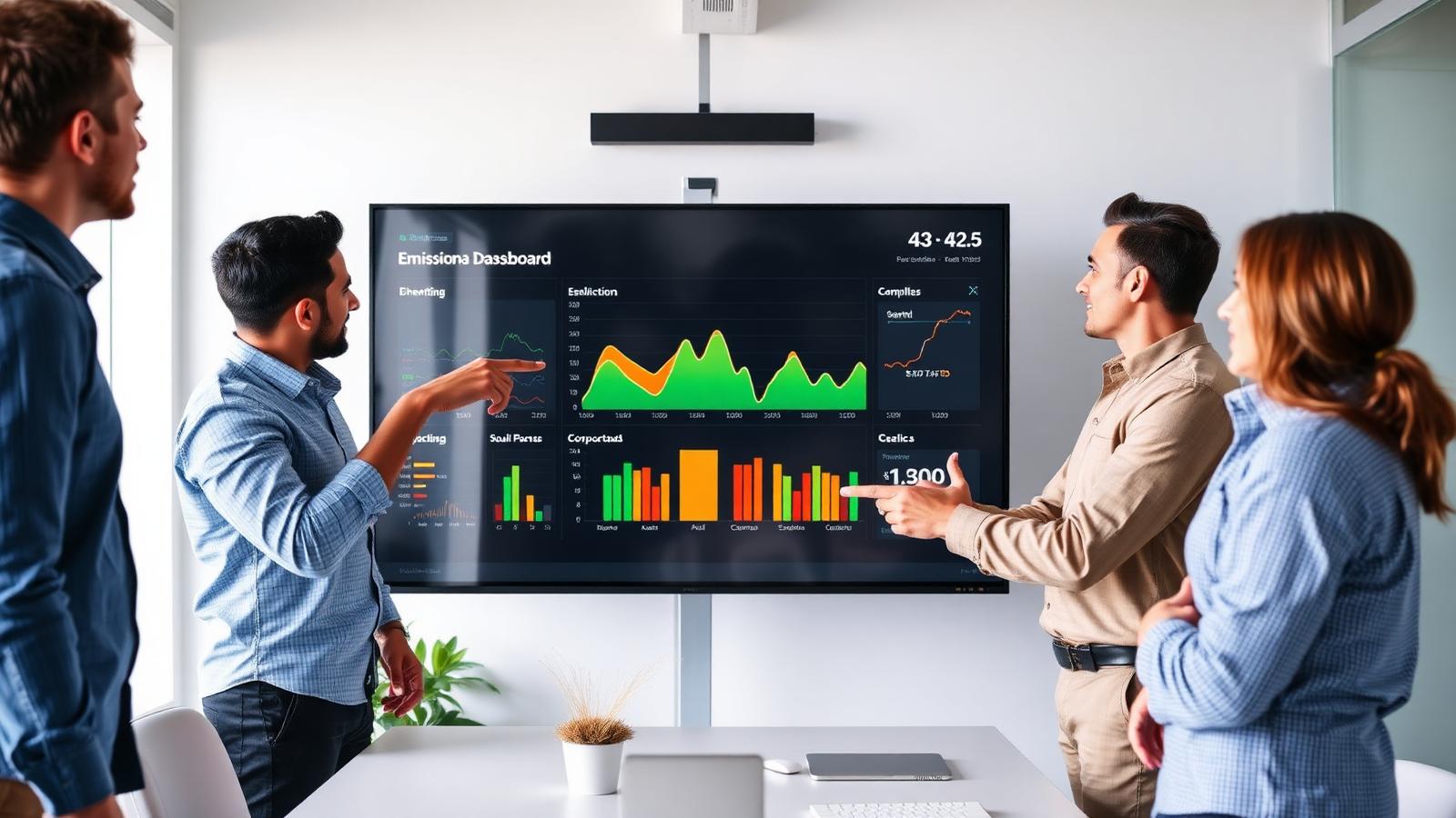 Time corporativo apresentando dashboard de emissões em tela grande, conduzindo a operação ESG com autonomia.
